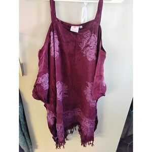 Pineapple Moon Cold Shoulder Batik Fringe Tunic Top Plum Purple One Size OS